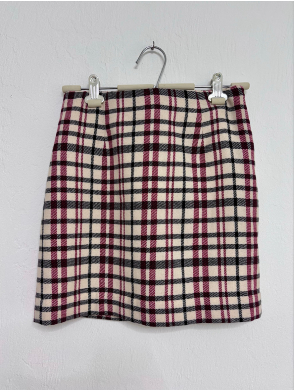 Women's Ann Taylor Petite Mini Skirt 4P Beige Burgundy Plaid Wool
